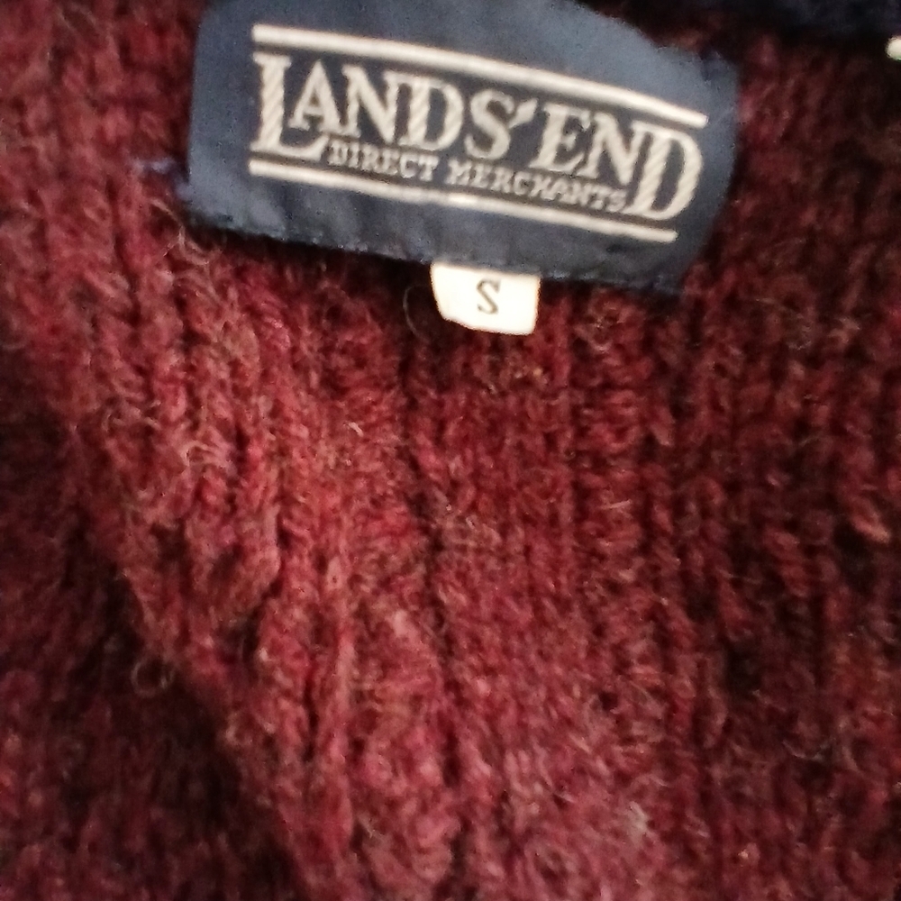 Lands' End Maroon 100% Shetland Wool Cable Knit Cardigan Sweate Fishermanr Sz S - Picture 6 of 8